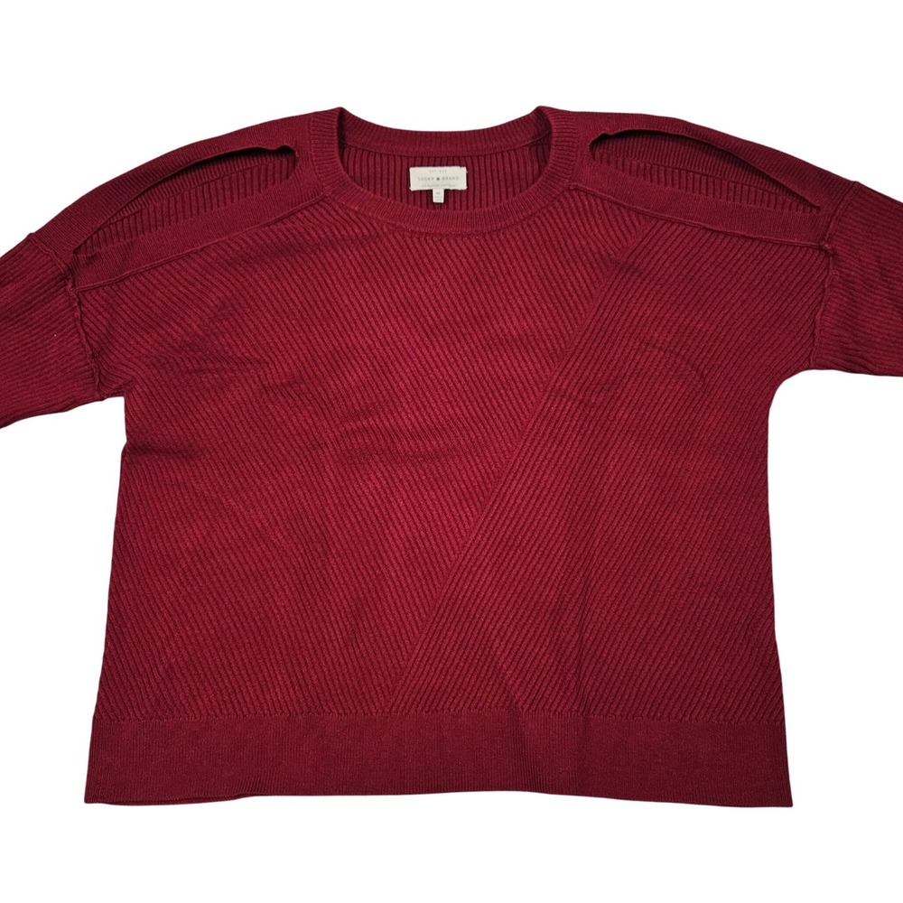 Lucky Brand Cold Shoulder‎ Sweater Medium Burgundy Ribbed Knit Boho Pullover